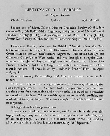 Barclay D F Lt 2nd Dragoon Guards Obit