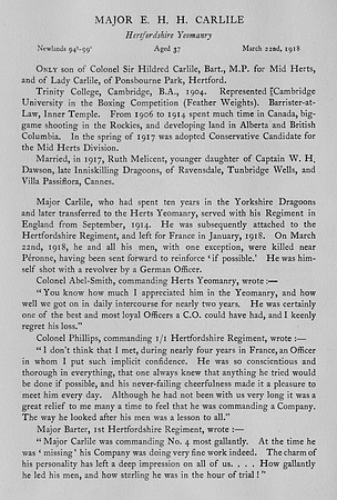 Carlile E H H Major Hertfordshire Regiment Obit