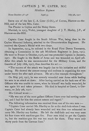 Cater J W Capain MC Middlesex Regiment Obit