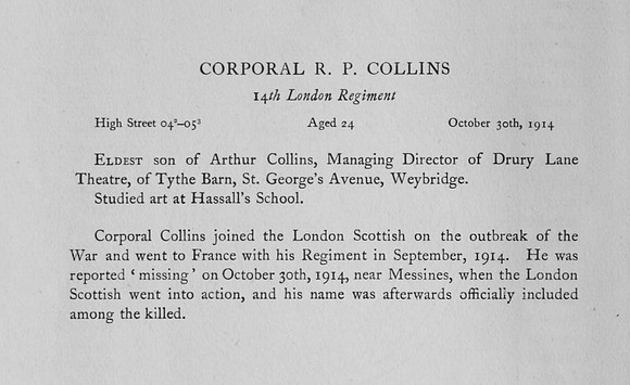 Collins R P Pte 2207 14th London Regiment Obit