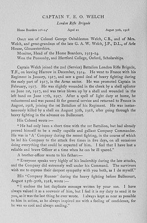 Welch V E O Captain 5th London Regiment Obit