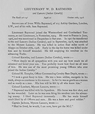Raymond W D Lt Indian Army Obit