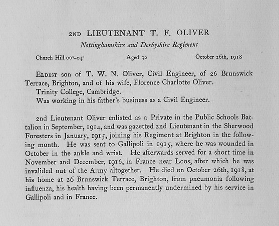 Oliver T F 2nd Lt Notts And Derby Regiment Obit