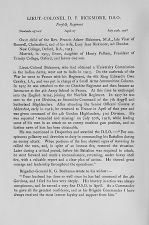 Bickmore D F Lt Col DSO Norfolk Regimnt Attd 4th Godon Highlanders Obit