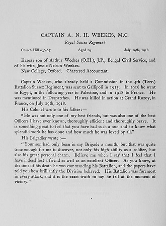 Weekes A N H Captain MC Royal Sussex Regiment Obit