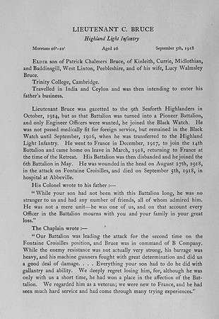 Bruce C Lt 6th Highland Light Infantry Obit