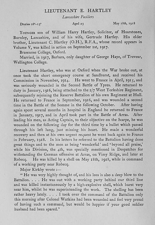 Hartley E Lt Lancashire Fusiliers Obit