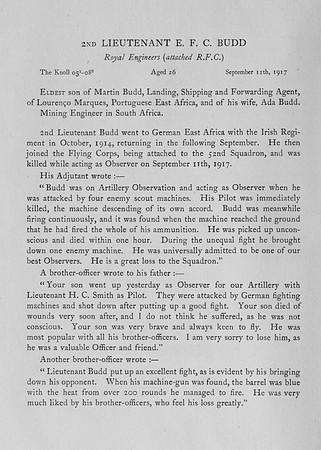 Budd E F C Lt Royal Flying Corps Obit  Harrow Roll Of Honour Vol 6