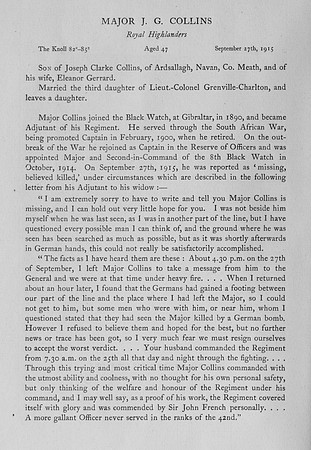 Collins J G Major 8th Black Watch Obit