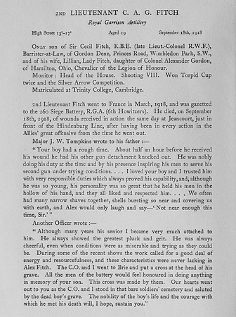 Fitch C A G 2nd Lt RGA Obit Harrow Memorials Vol 6
