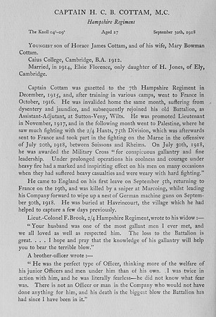 Cottam H C B Captain MC 7th Hampshire Regiment Obit