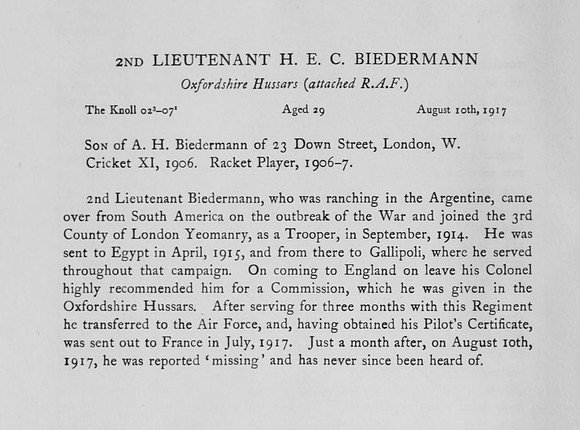 Biedermann H C E 2nd Lt Royal Flying Corps Obit