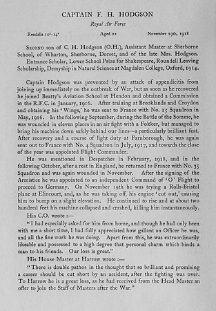 Hodgson F H Captain Royal Air Force Obit