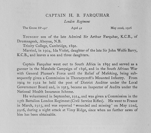 Farquhar H B Captain London Regiment Obit