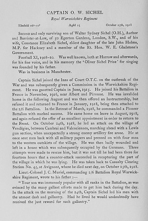 Sichel O W Royal Warwickshire Regiment Obit
