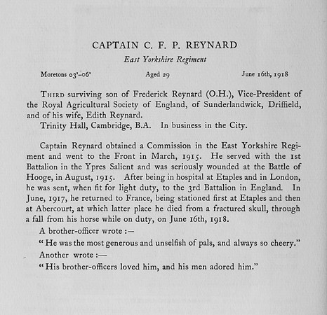 Reynard C F P Captain East Yorkshire Regiment Obit