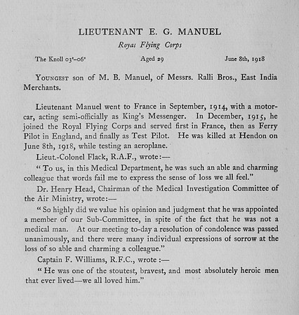 Manuel K G Lt Royal Flying Corps Obit
