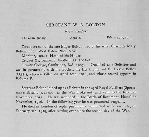 Bolton W S Sergt 622 23rd Royal Fusiliers Obit