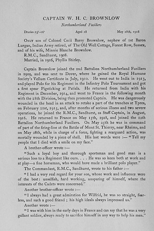Brownlow W H C 13th Northumberland Fusiliers Obit