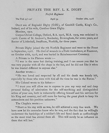Digby L K Pte Norfolk Regiment Obit