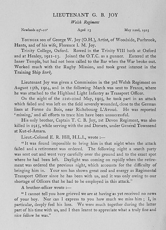 Joy G B Lt Welsh Regiment Obit