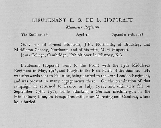 Hopcraft E G de L Lt Middlesex Regiment Obit