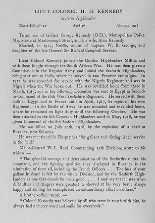 Kennedy H H Lt Col Seaforth Highlanders Obit