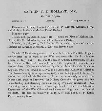 Holland T E Captain MC Rifle Brigade Obit