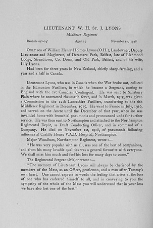 Lyons W H St J Lt Middlesex Regiment Obit