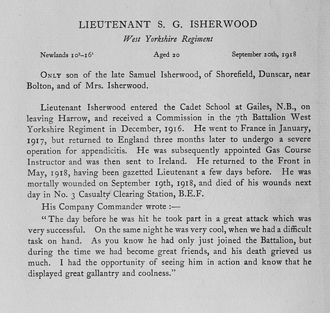 Isherwood S G Lt West Yorkshire Regiment Obit
