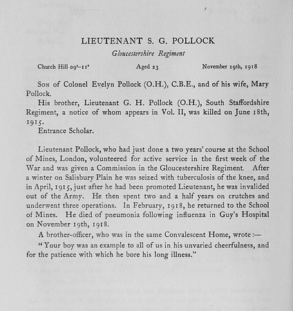 Pollock S G Lt Gloucestershire Regiment Obit