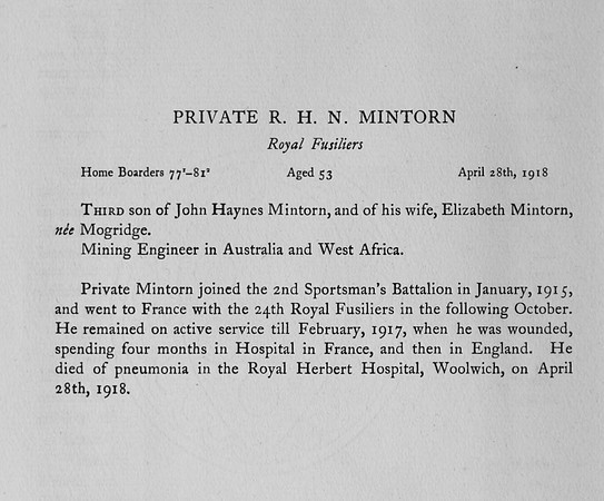 Mintorn R H N Pte Royal Fusiliers Obit