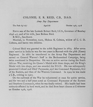 Reid E R Col Army Pay Corps Obit