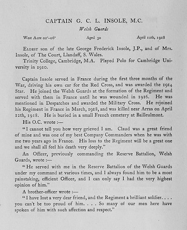 Insole G C L Captain MC Welsh Guards Obit