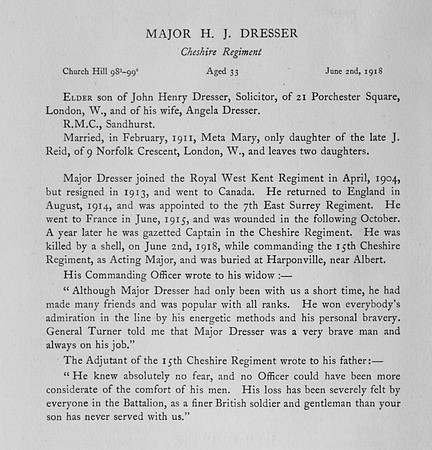 Dresser H J Major Cheshire Regiment Obit