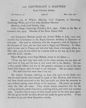 Hartree C 2nd Lt Royal Garrison Artillery Obit
