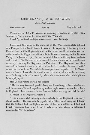 Warwick J C G Lt South Notts Hussars Obit