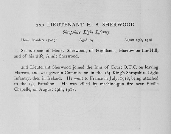 Sherwood H S 2nd Lt Shropshire Light Infantry Obit