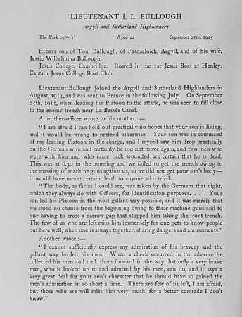 Bullough J L Lt 2nd Argyll Sutherland Highlanders Obit