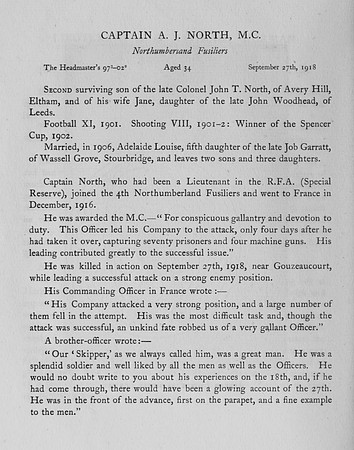 North A J Captain MC Northumberland Fusiliers Obit