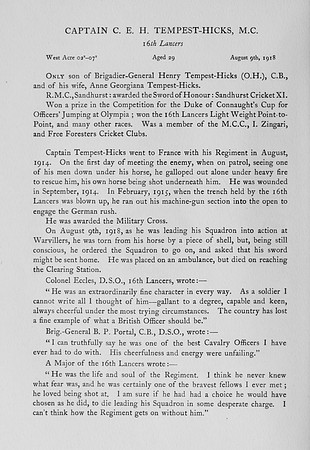 Tempest-Hicks C E H Captain MC 16th Lancers Obit