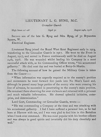 Byng L G Lt MC 1st Grenadier Guards Obit