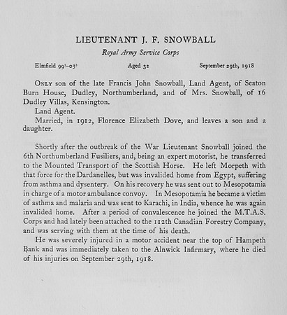Snowball J F Lt Army Service Corps Obit