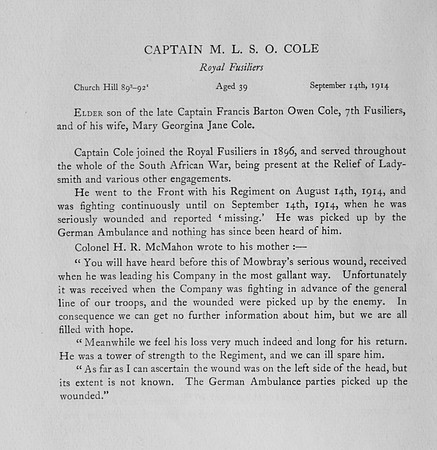 Cole M L S O Captain 4th Royal Fusiliers Obit
