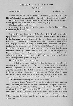 Kennedy J P F Captain Rifle Brigade Obit