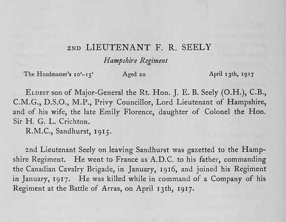 Seely F R 2nd Lt Hampshire Regiment Obit