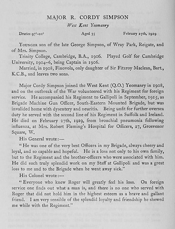 Simpson R C Major West Kent Yeomanry Obit
