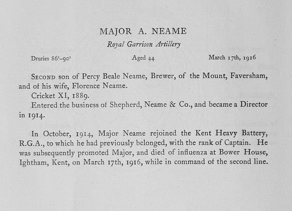 Neame A Major Royal Garrison Artillery Obit