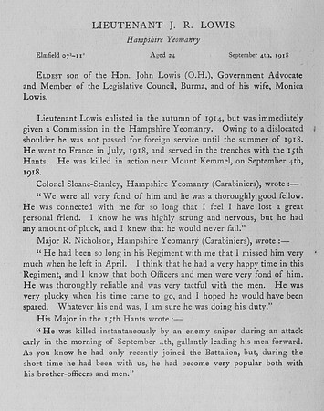 Lowis J R Lt Hampshire Yeomanry Obit