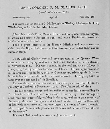Glasier P M Lt Col DSO 16th London Regiment Obit